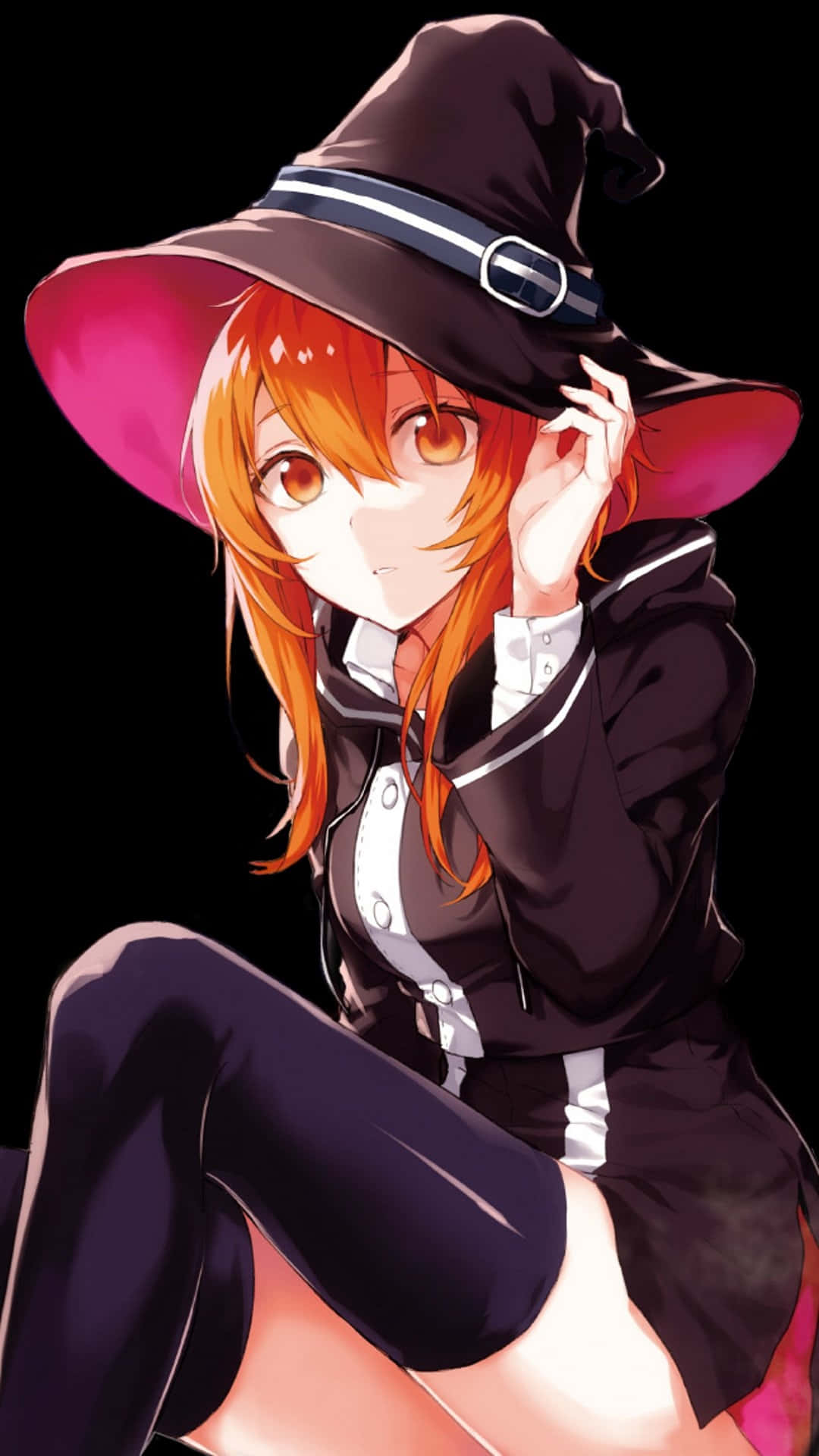 witchy anime girl, orange hair, black hat, Full HD Phone Wallpaper