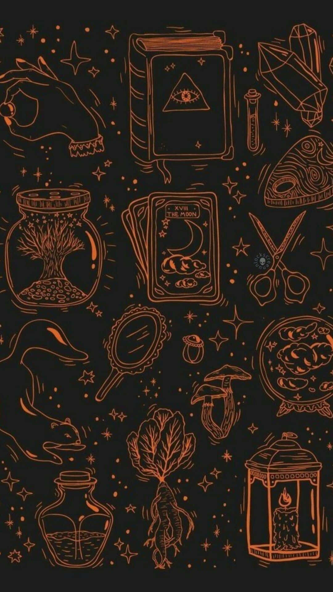 mystical symbols, glowing orange line art, moon, HD Phone Wallpaper
