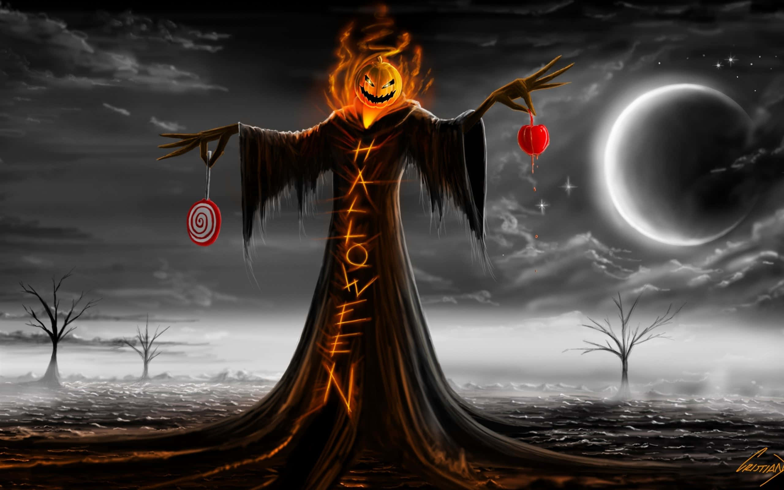 Halloween Macbook, jack-o-lantern-headed scarecrow, glowing orange text, 2K Desktop Wallpaper
