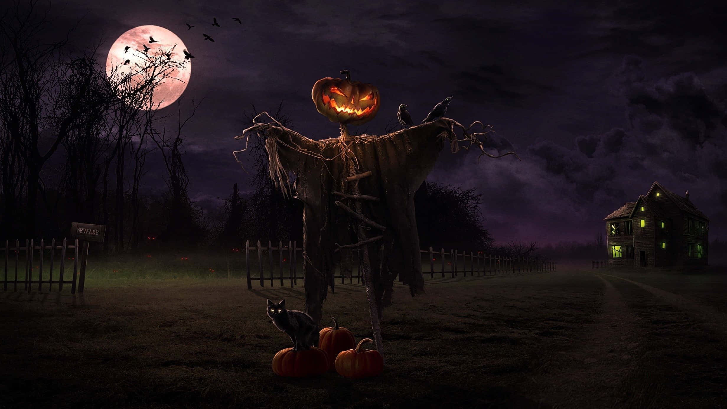 jack-o'-lantern scarecrow, misty graveyard, blood-red moon, Full HD Desktop Wallpaper
