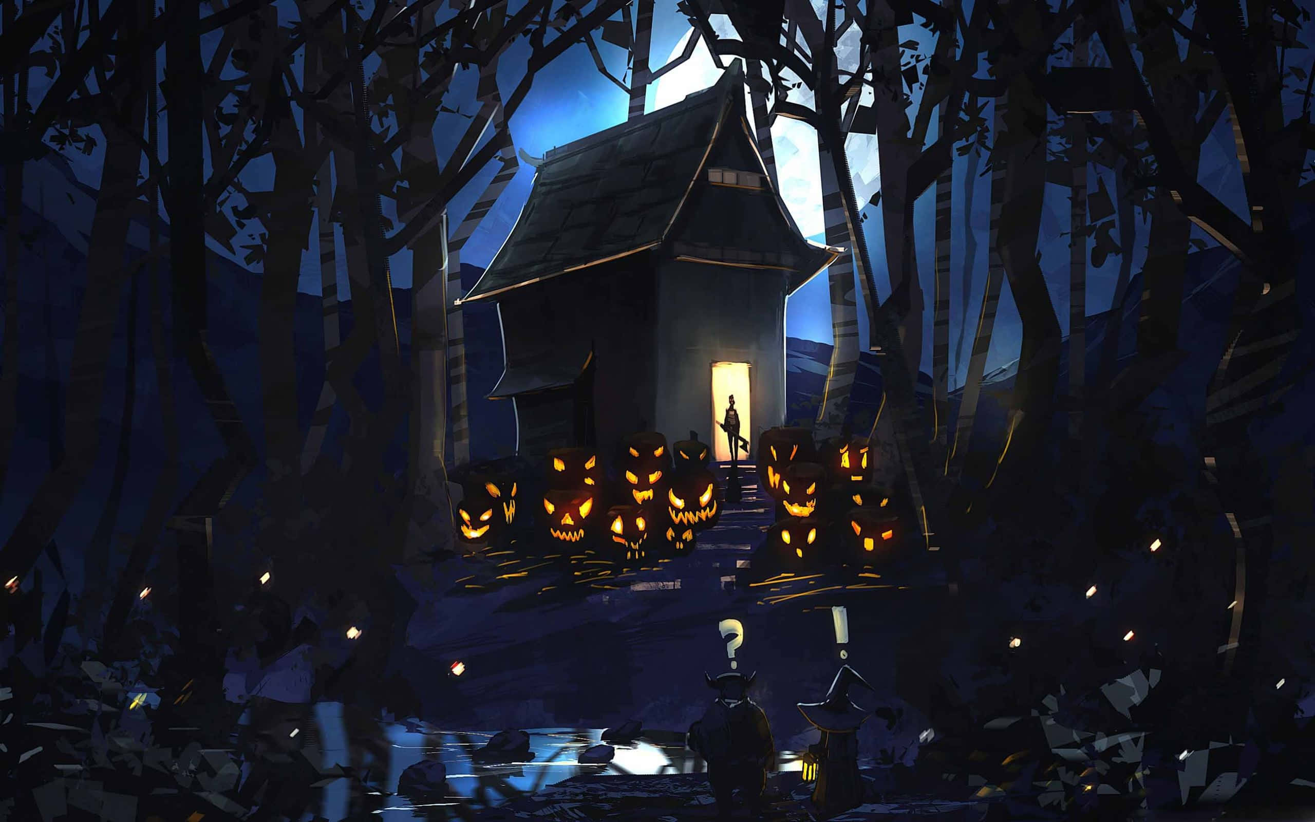 Halloween Macbook, haunted house, glowing jack-o-lanterns, 2K Desktop Wallpaper