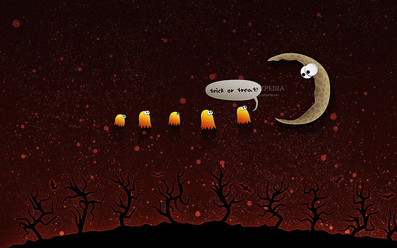 Halloween Macbook, orange ghosts, smiling crescent moon, HD Desktop Wallpaper