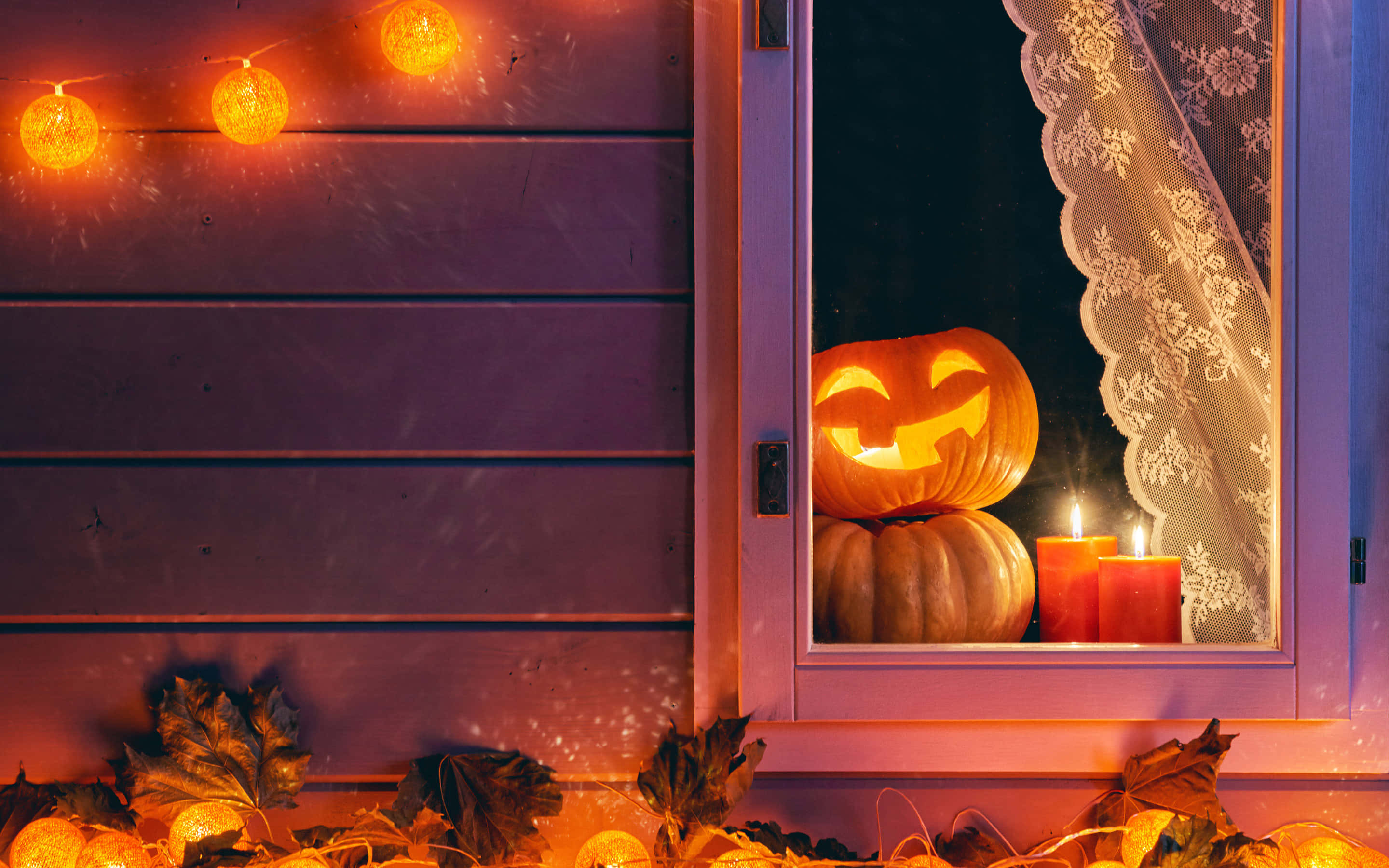 Halloween Macbook, jack-o'-lantern, candles, 2K Desktop Wallpaper