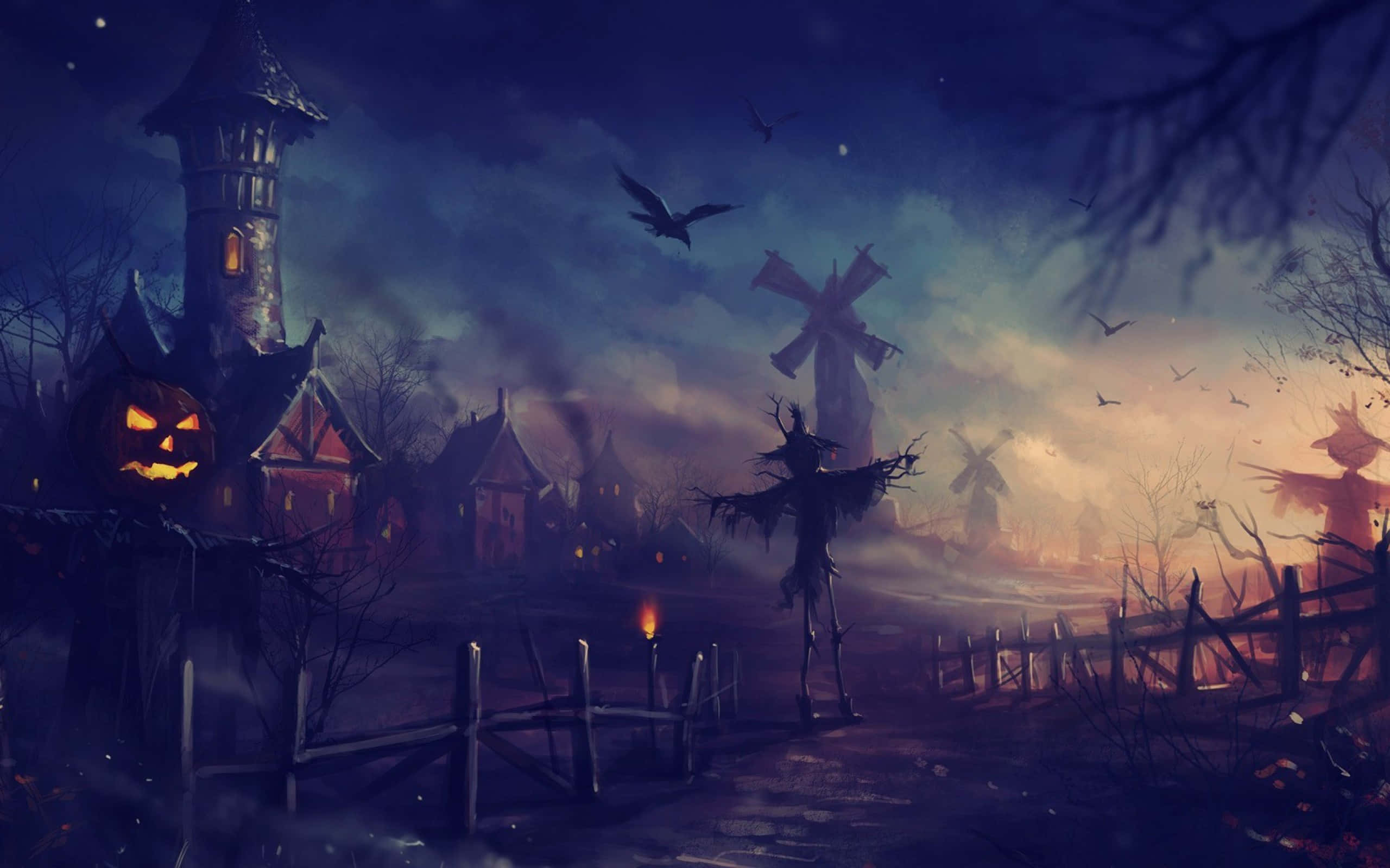 Halloween Macbook, spooky Halloween village, dusk, 2K Desktop Wallpaper
