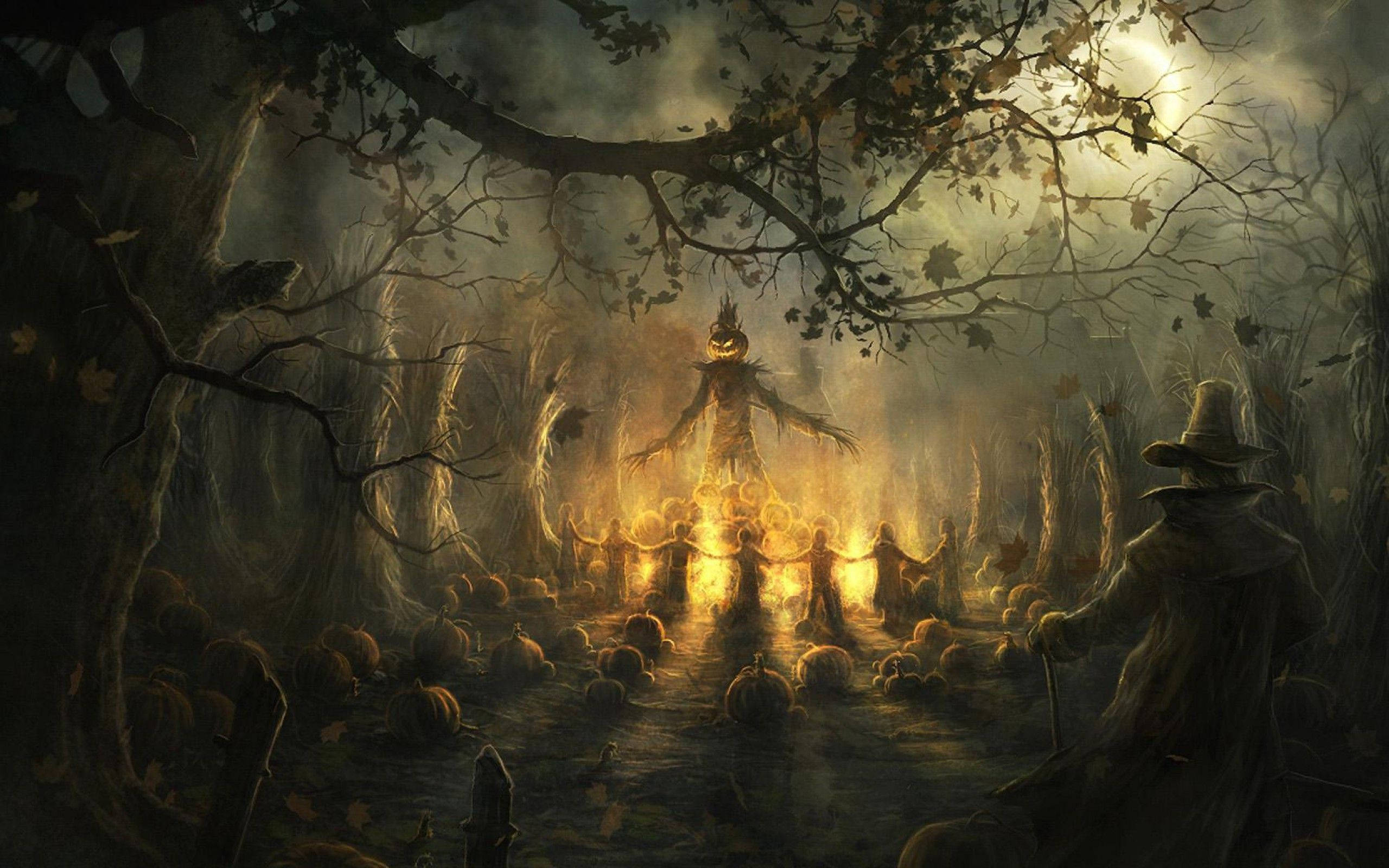 Halloween Cult Laptop Art, jack-o'-lantern scarecrow, pumpkins, 2K Desktop Wallpaper