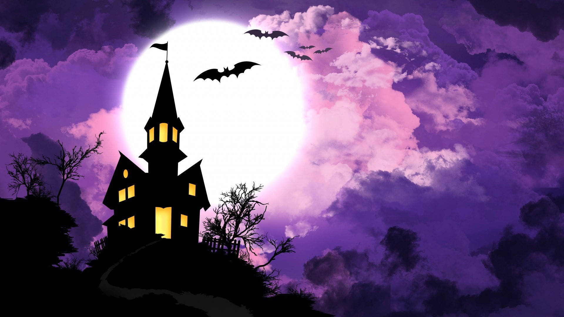 spooky castle, haunted house silhouette, vibrant purple moonlit sky, Full HD Desktop Wallpaper