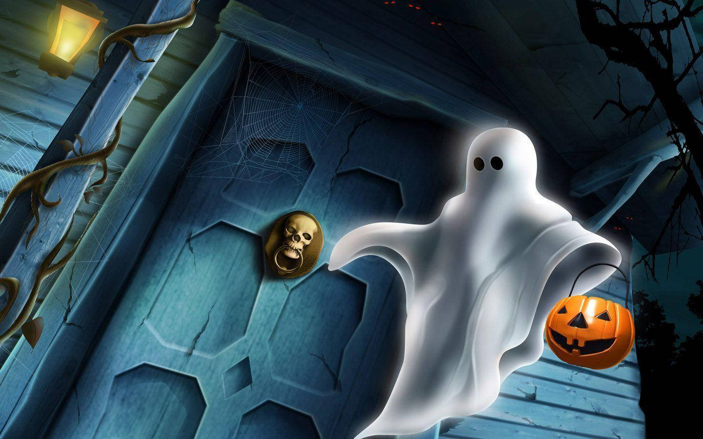 Halloween Ghost Laptop Trick, glowing white ghost, black eyes, HD Desktop Wallpaper