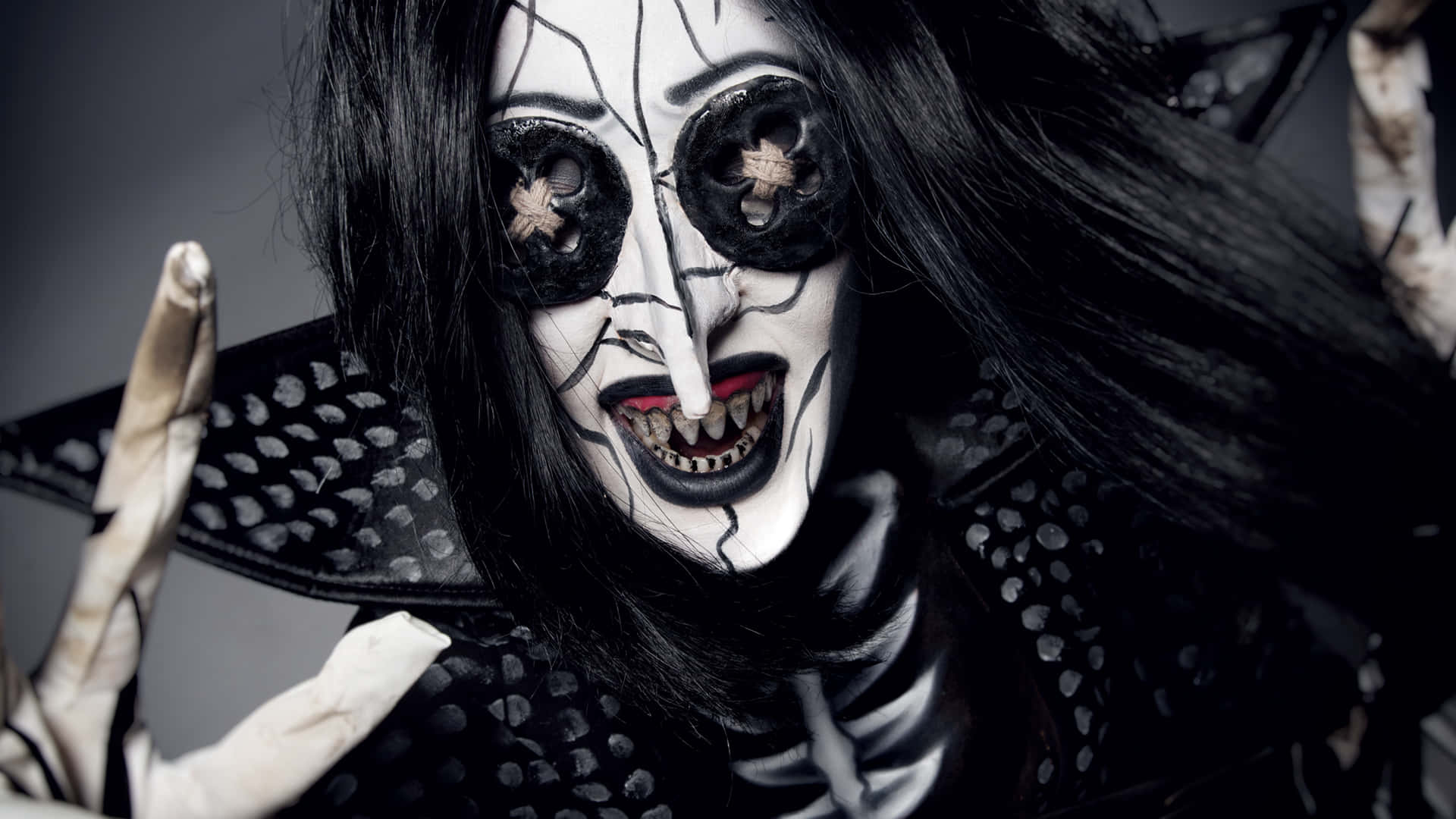 skeletal makeup, black hair, dark gray background, Full HD Desktop Wallpaper