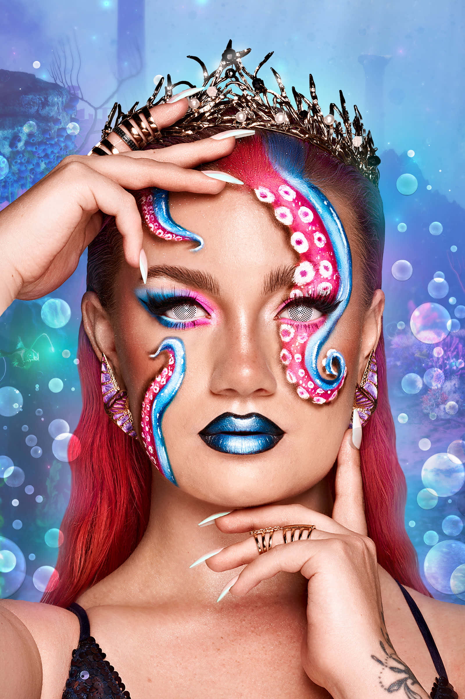 octopus-themed makeup, spiked crown, glowing underwater backdrop, Full HD Phone Wallpaper