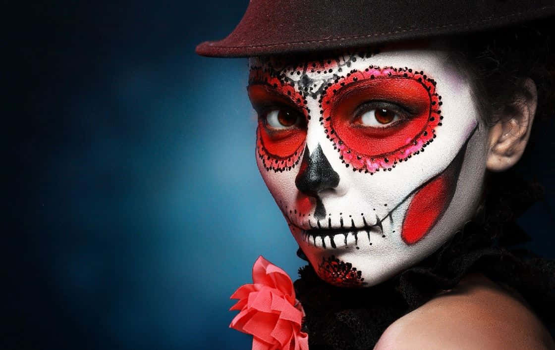 sugar skull makeup, red hat, dark blue background, SD Desktop Wallpaper