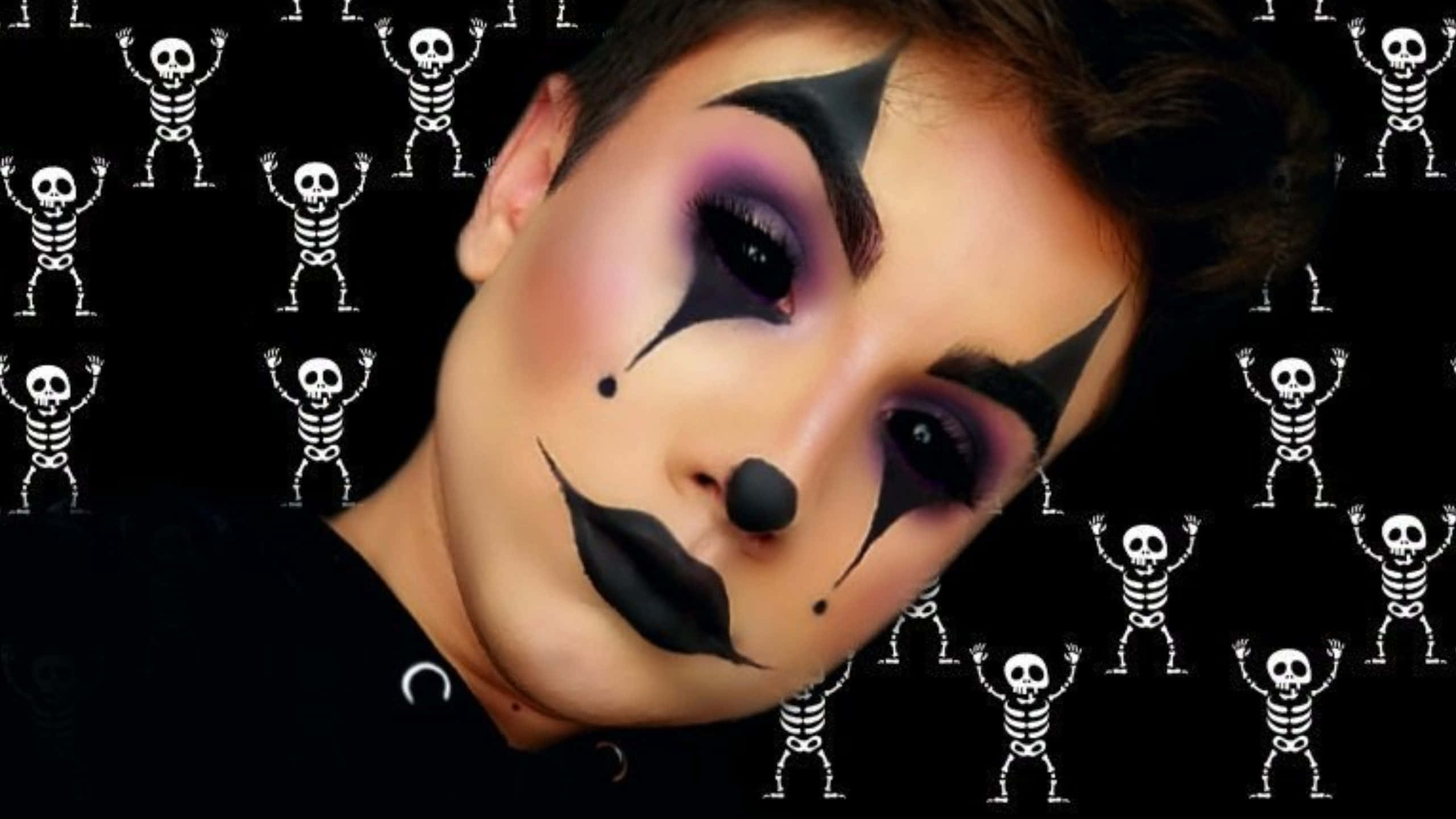black and purple clown makeup, white dancing skeleton patterns, black background, 2K Desktop Wallpaper