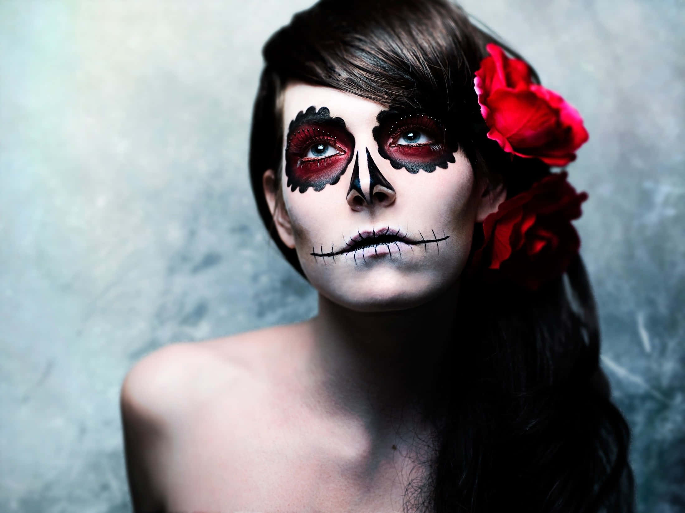 sugar skull makeup, red roses, textured gray backdrop, Full HD Desktop Wallpaper