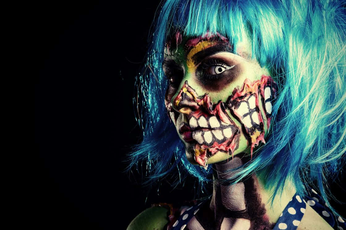 Halloween Makeup, vibrant blue hair, gruesome zombie makeup, SD Desktop Wallpaper