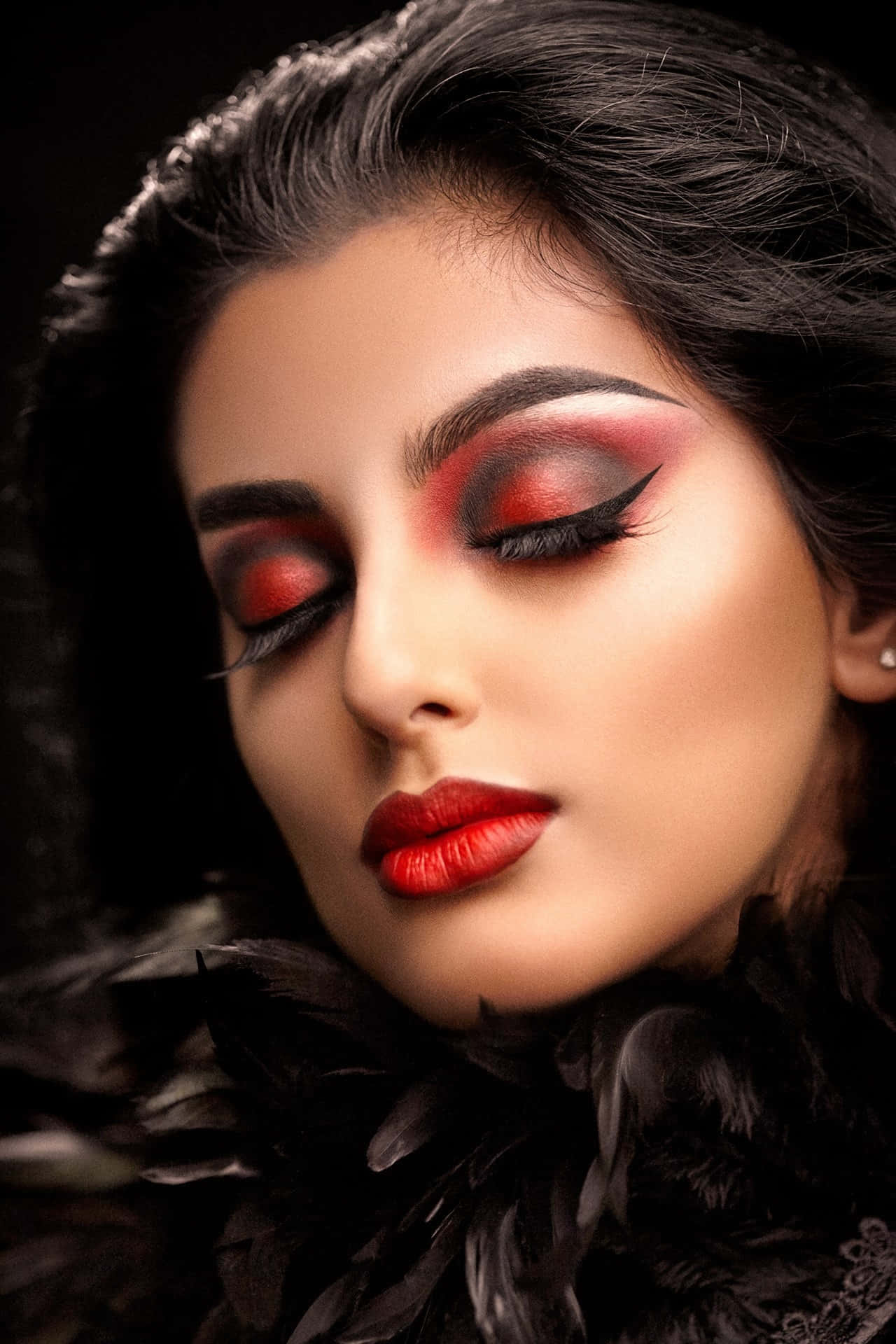 Halloween Makeup, bold red makeup, black feathers, Full HD Phone Wallpaper