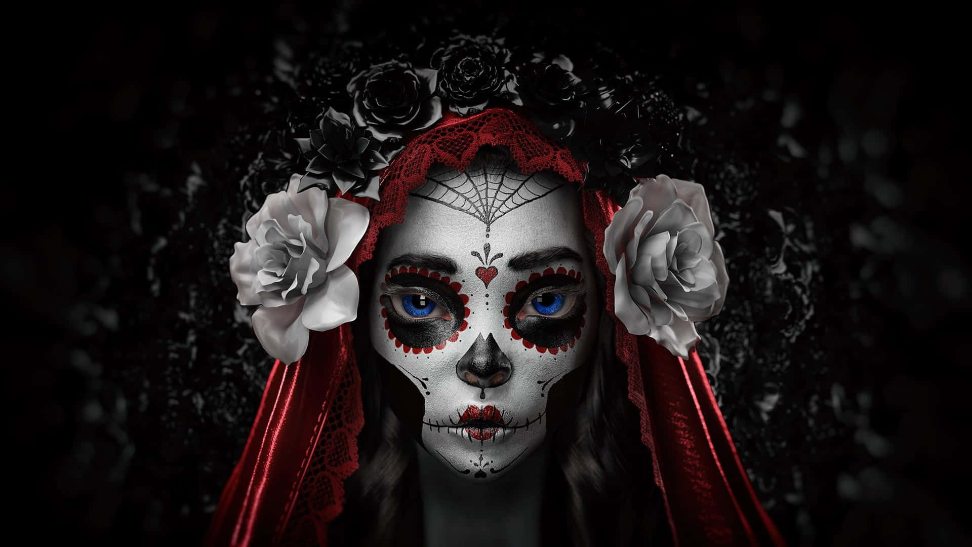 sugar skull makeup, red lace veil, white and black roses, Full HD Desktop Wallpaper