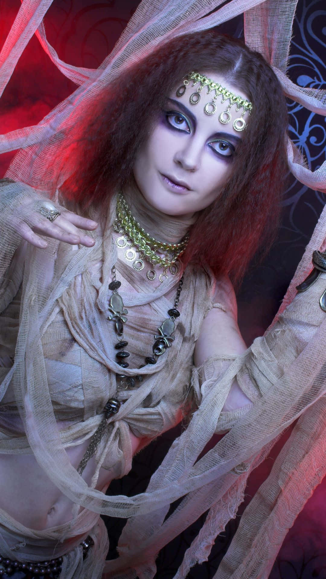 zombie mummy costume, dark makeup, gold headpiece, Full HD Phone Wallpaper