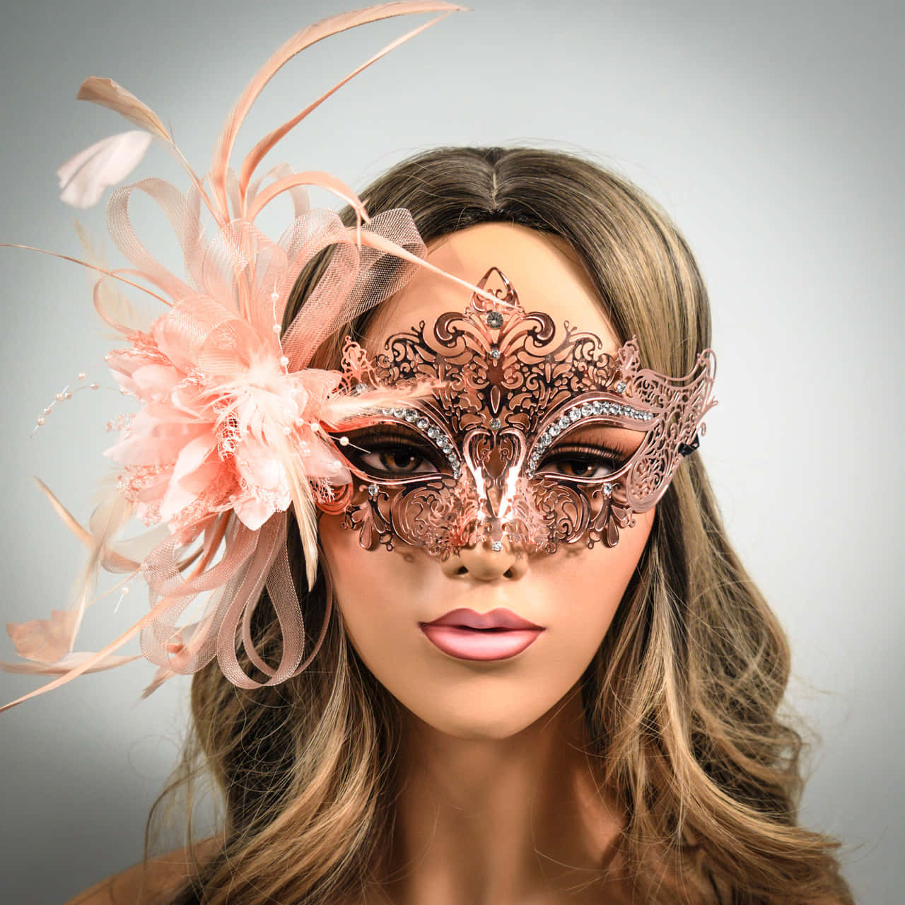 peach masquerade mask, feathers, lace, HD Desktop Wallpaper