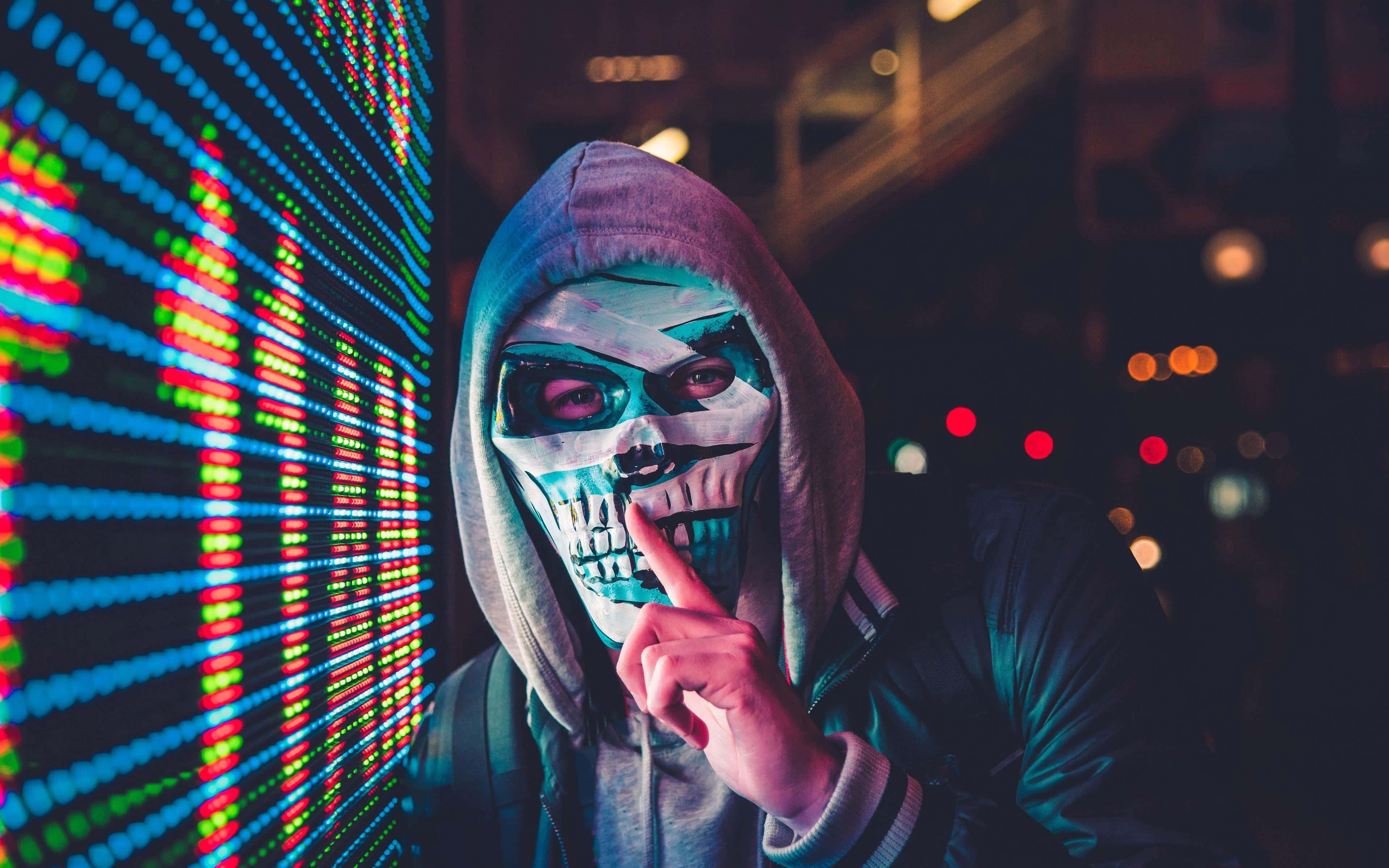 skull mask, hoodie, glowing digital display, 4K Desktop Wallpaper