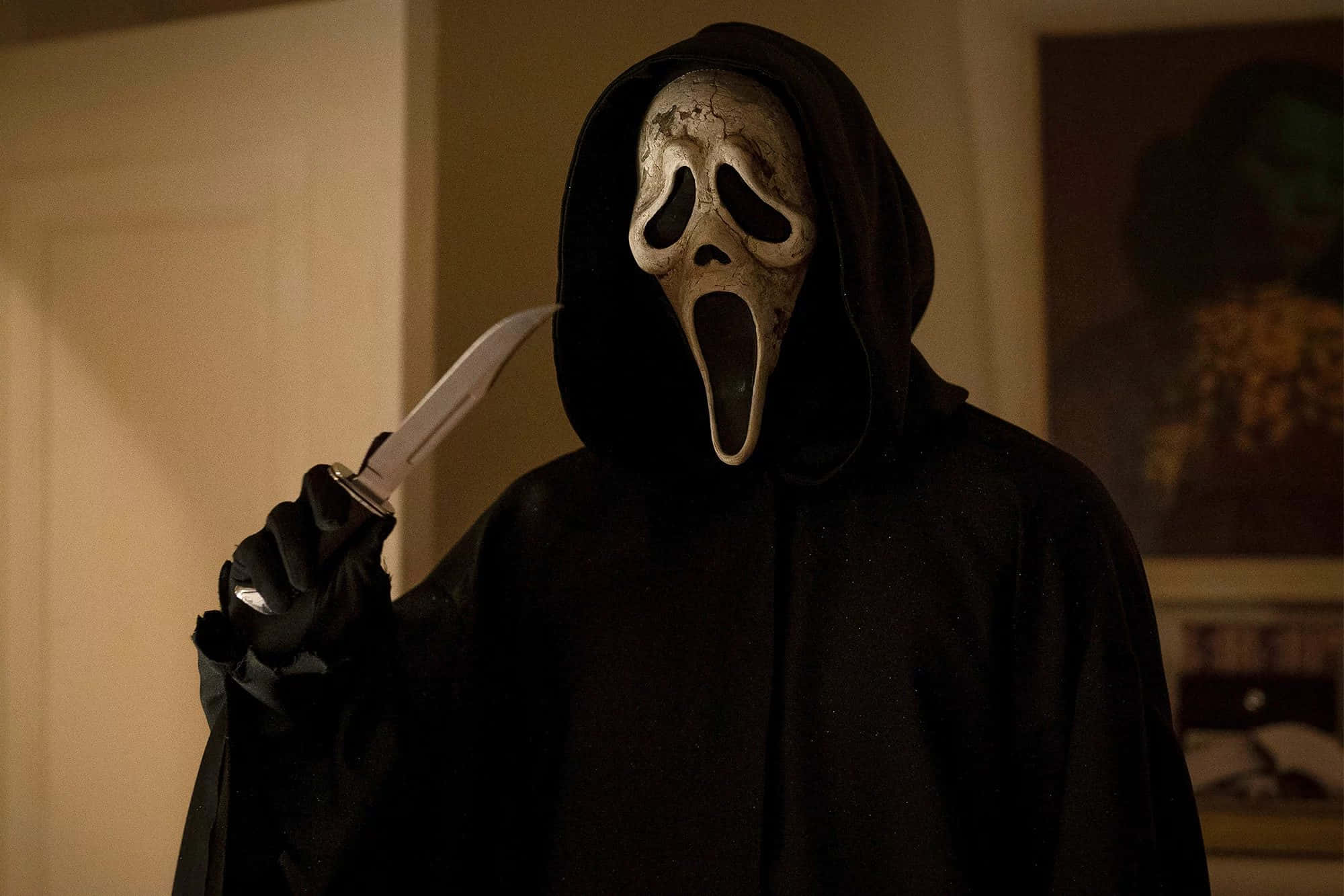 black hooded robe, iconic white scream mask, knife, Full HD Desktop Wallpaper