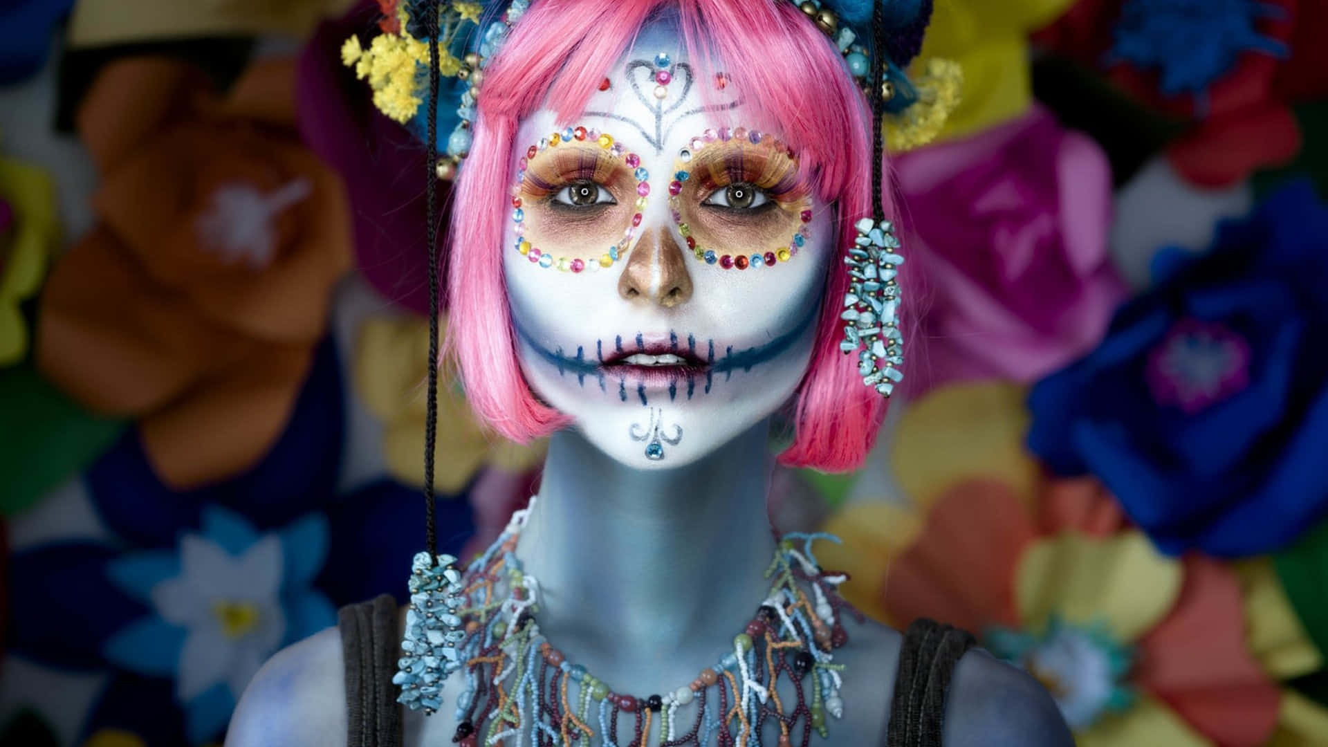 vibrant pink hair, intricate sugar skull makeup, colorful backdrop, Full HD Desktop Wallpaper