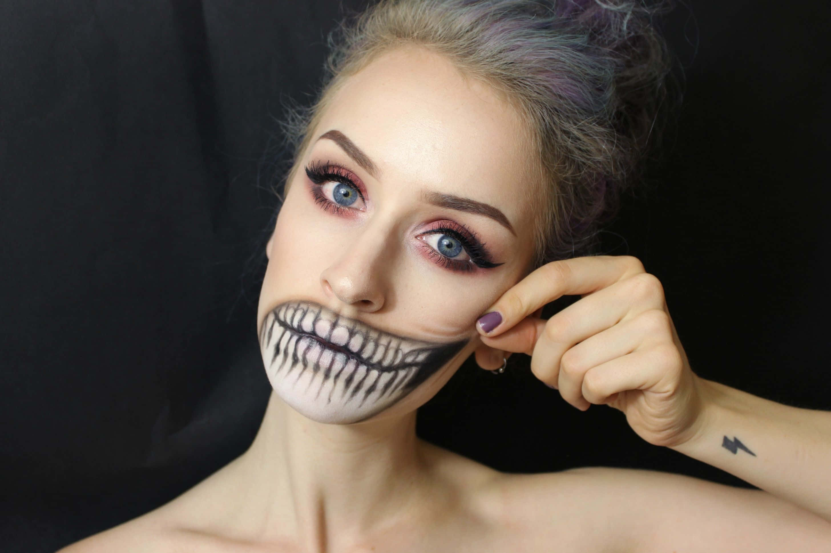 Halloween tattoos, skull makeup, blue eyes, 2K Desktop Wallpaper