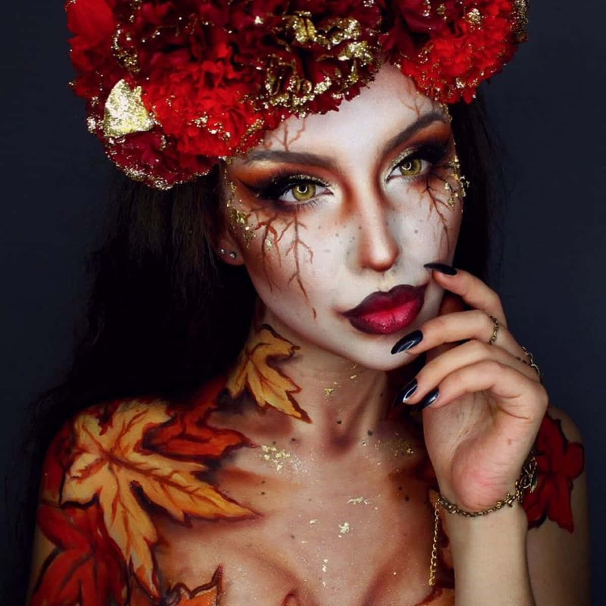 autumn fantasy makeup look, red floral crown, dark background, SD Desktop Wallpaper