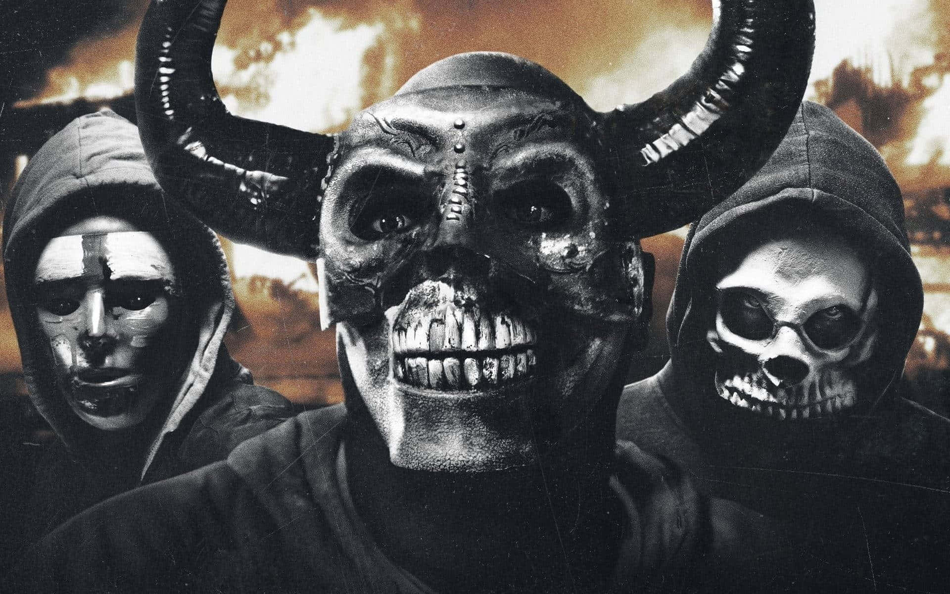 halloween masks, hooded figures, grotesque masks, Full HD Desktop Wallpaper