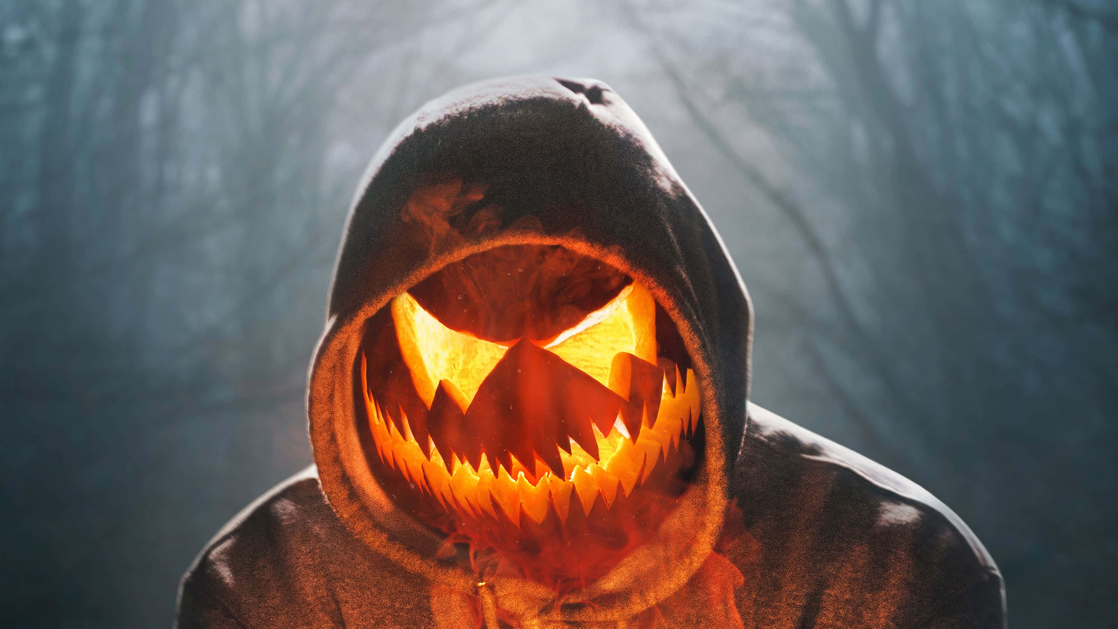 jack-o'-lantern face, dark hooded cloak, misty forest, 4K Desktop Wallpaper