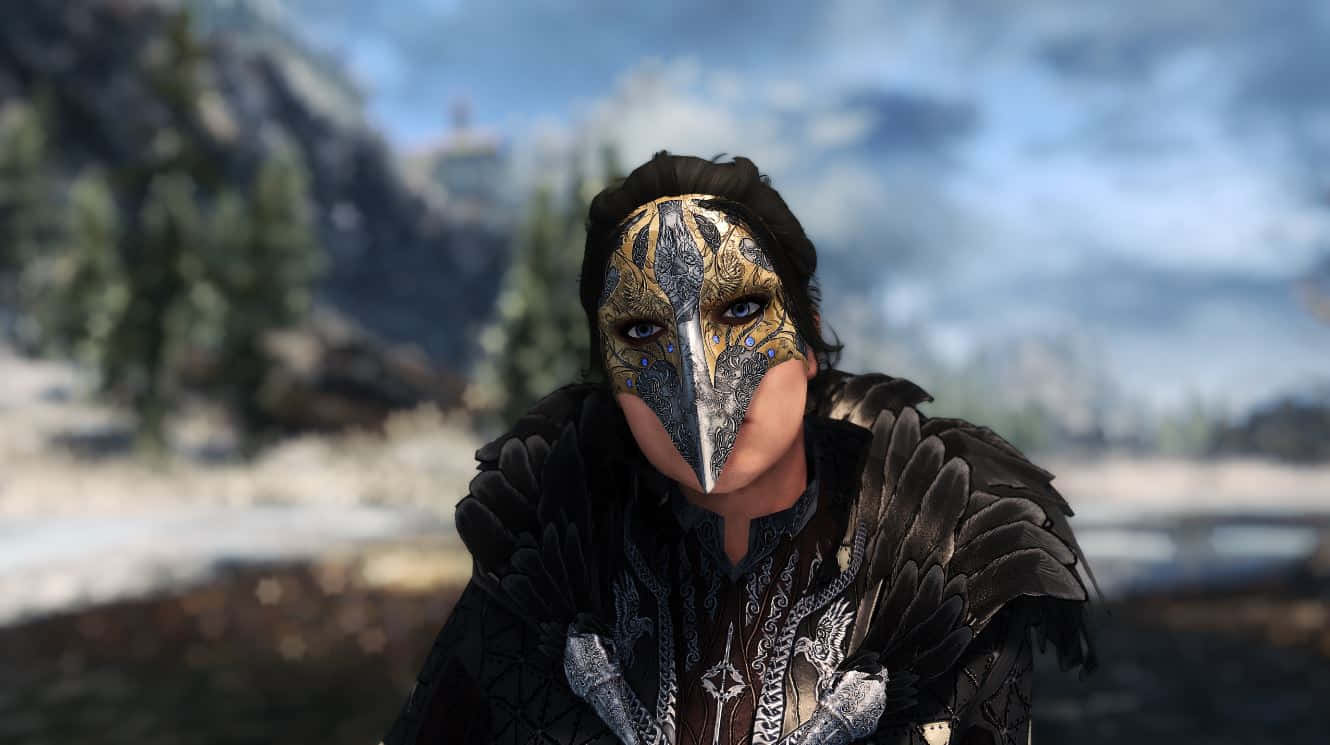 Halloween Masks, ornate bird-like armor, snowy mountainous landscape, HD Desktop Wallpaper