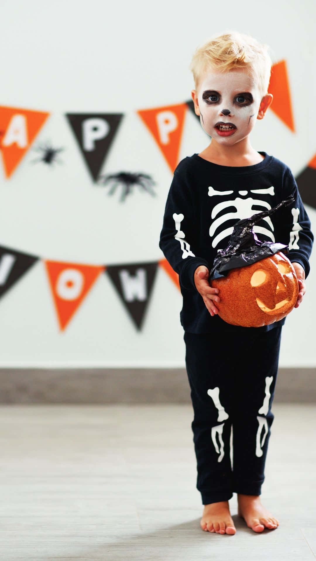 skeleton pajamas, glowing jack-o'-lantern, HAPPY HALLOWEEN banner, Full HD Phone Wallpaper