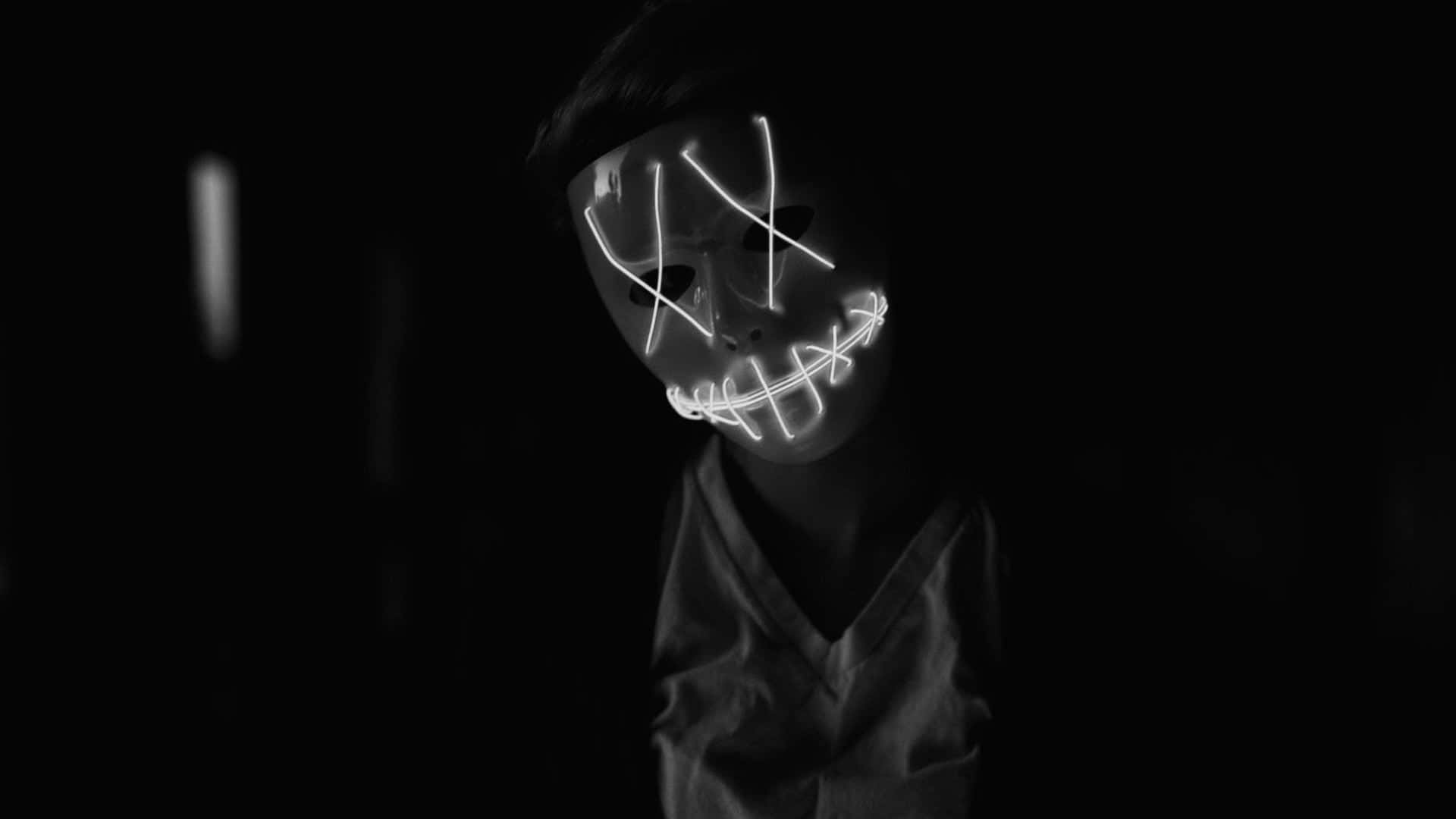 glowing white LED mask, stitched grin, pitch black darkness, Full HD Desktop Wallpaper