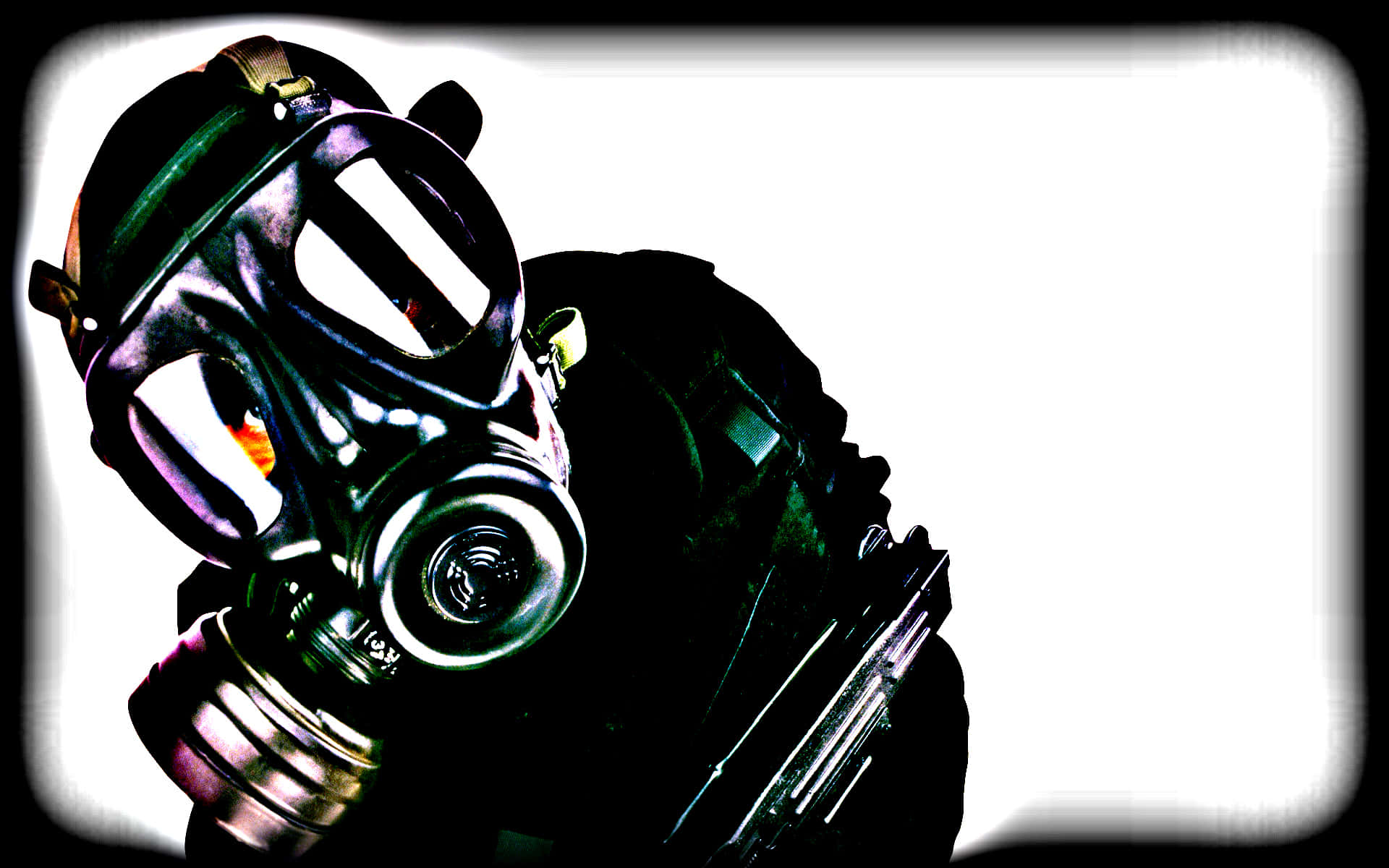vintage gas mask, glowing orange eyes, high-contrast white background, Full HD Desktop Wallpaper