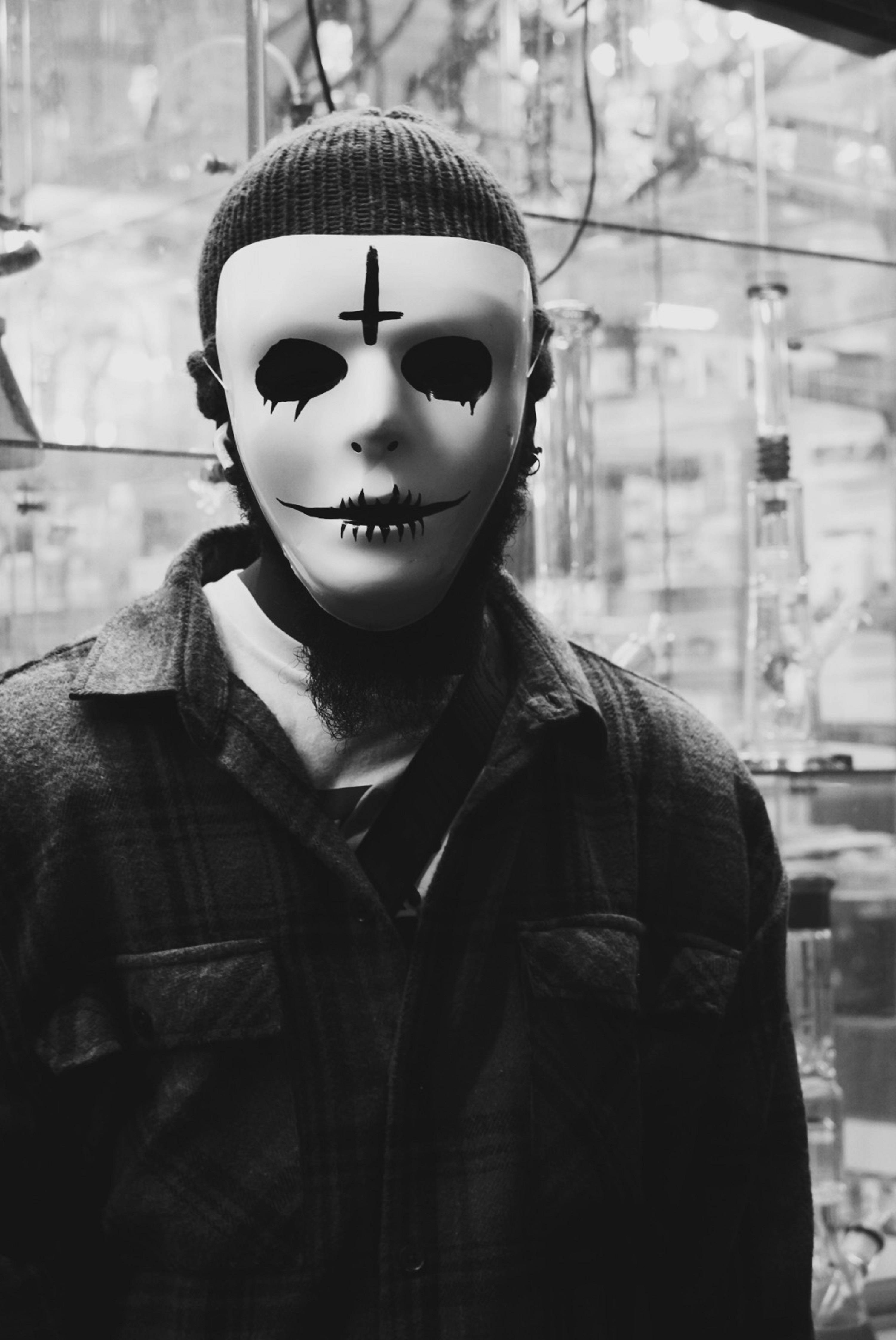 white mask, cross, jagged mouth, 4K Phone Wallpaper