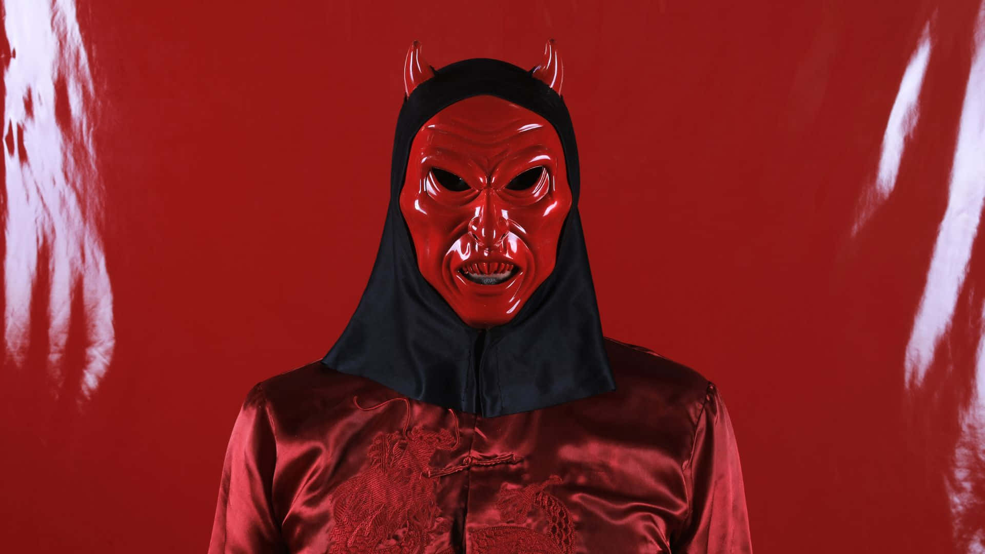 glossy red devil mask, horns, black hood, Full HD Desktop Wallpaper