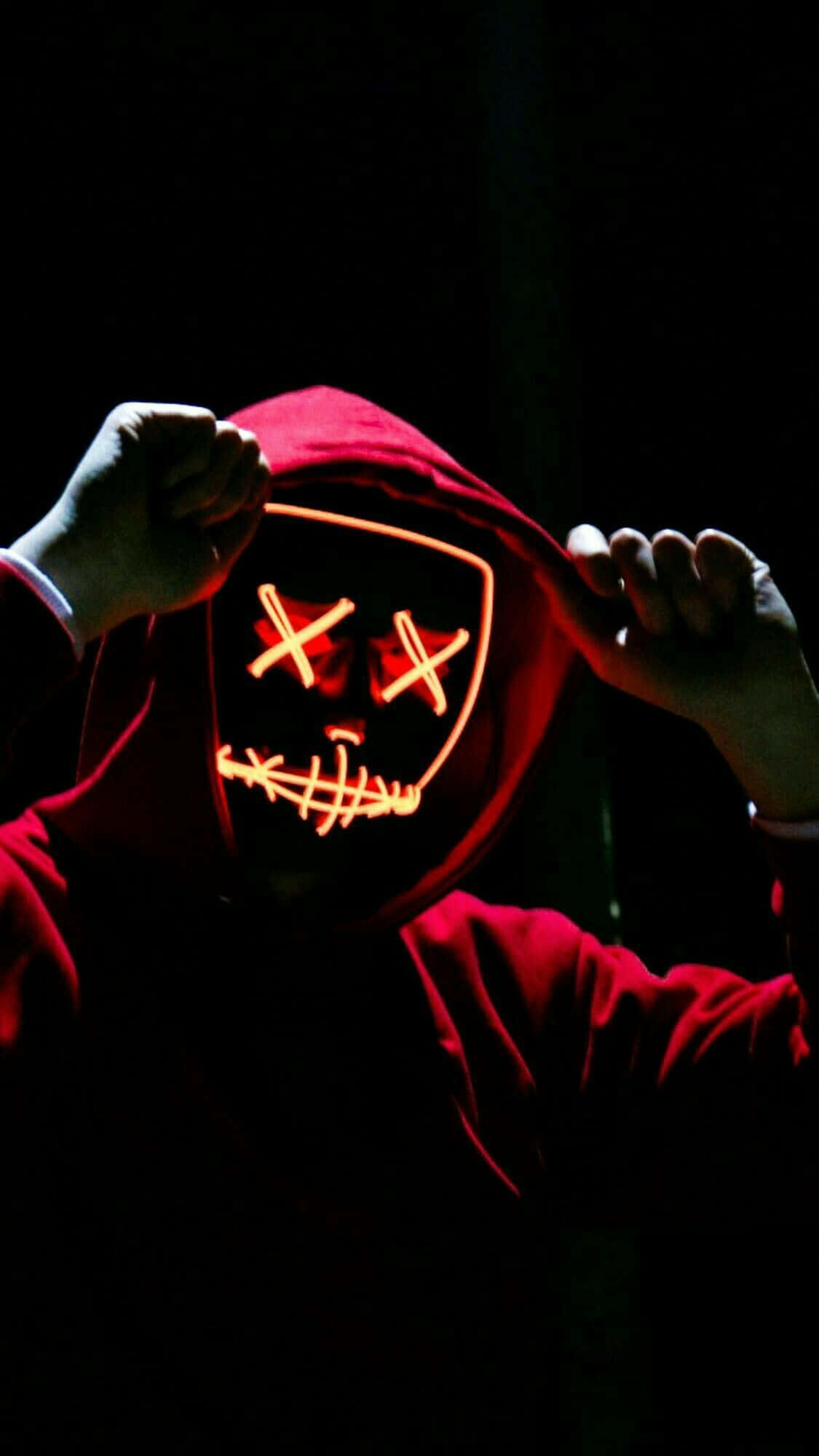 red hoodie, glowing orange LED mask, X eyes, Full HD Phone Wallpaper