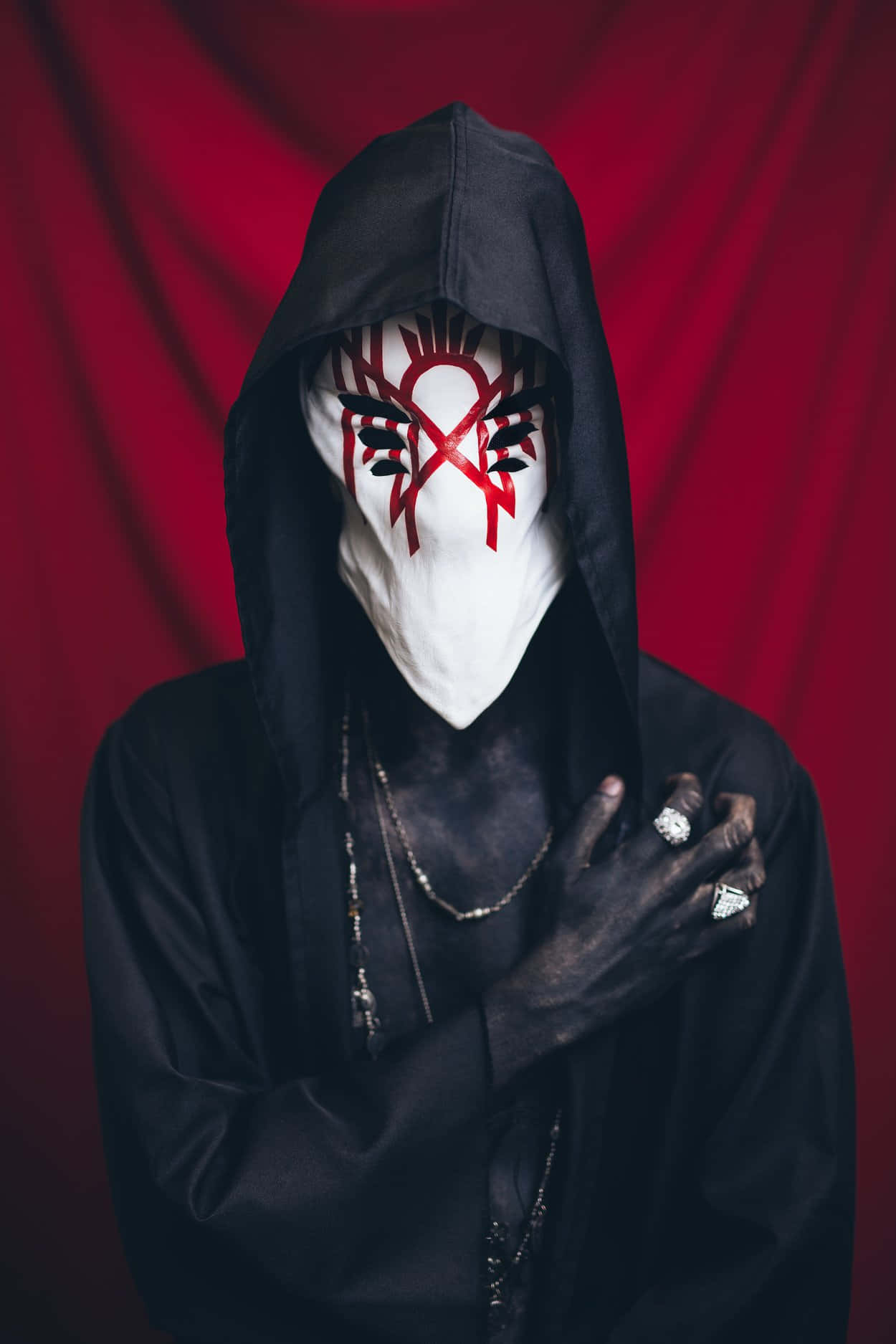 hooded figure, white face, red tribal markings, HD Phone Wallpaper
