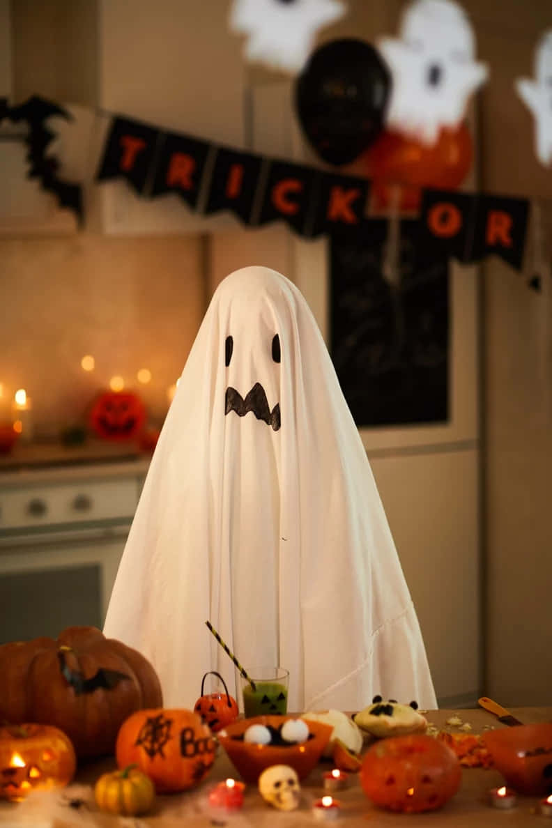 white ghost costume, black eyes, jagged mouth, SD Phone Wallpaper