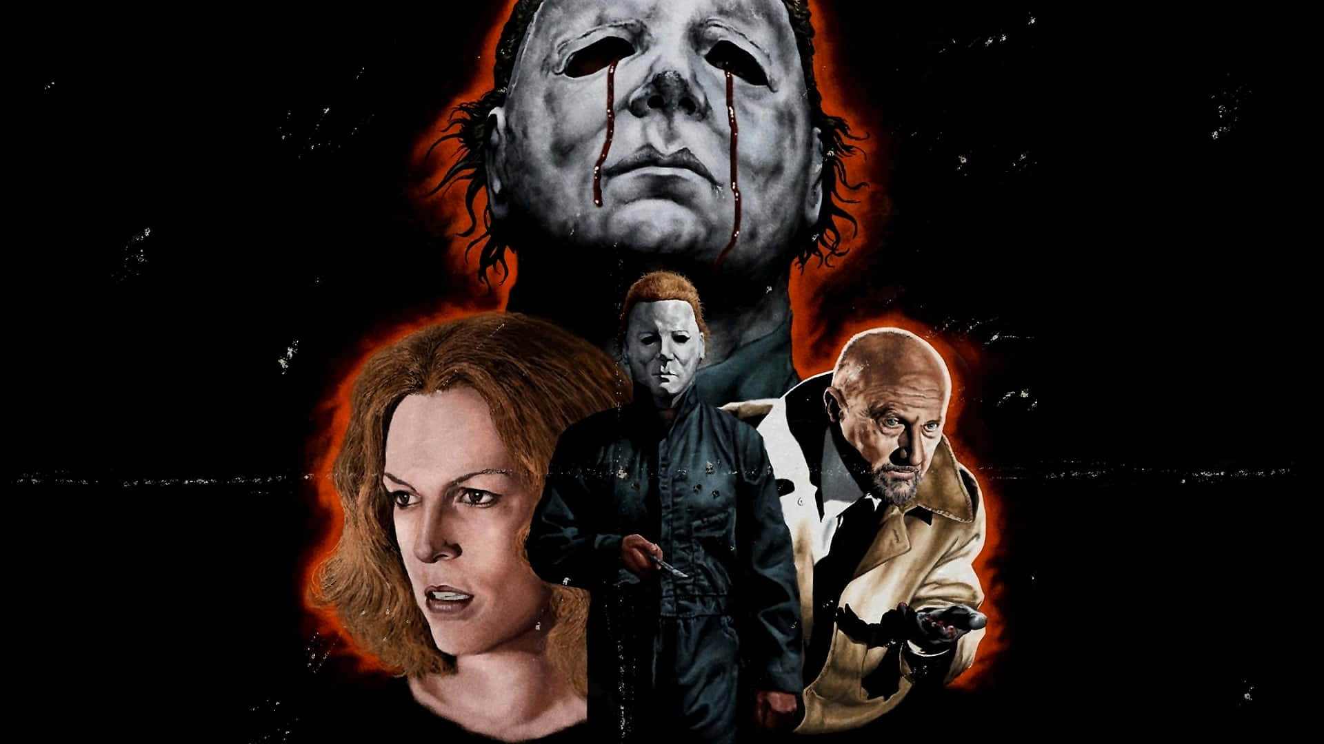 Halloween Michael Myers, blood dripping from his mask, terrified woman, Full HD Desktop Wallpaper