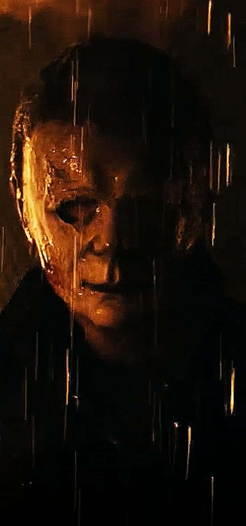 Halloween Michael Myers, rain, dim orange light, HD Phone Wallpaper