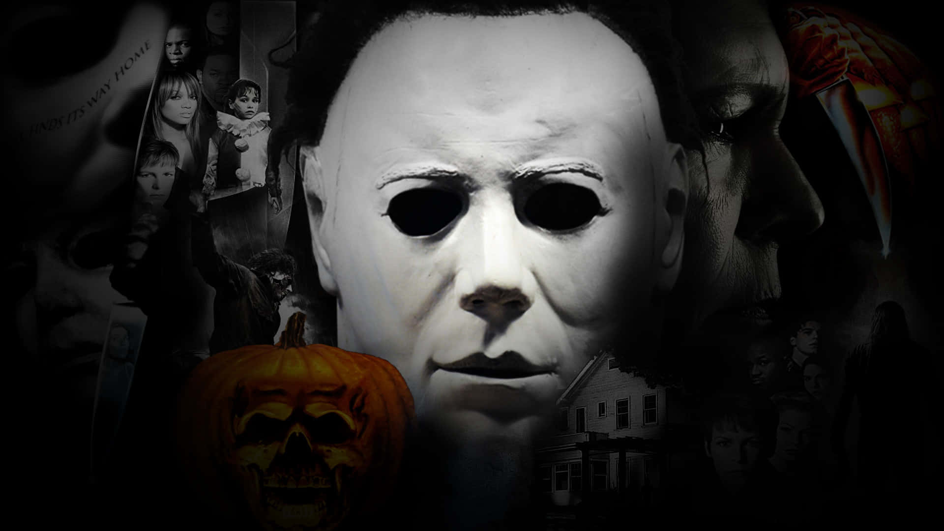 Halloween Michael Myers, white mask, glowing jack-o'-lantern skull, Full HD Desktop Wallpaper