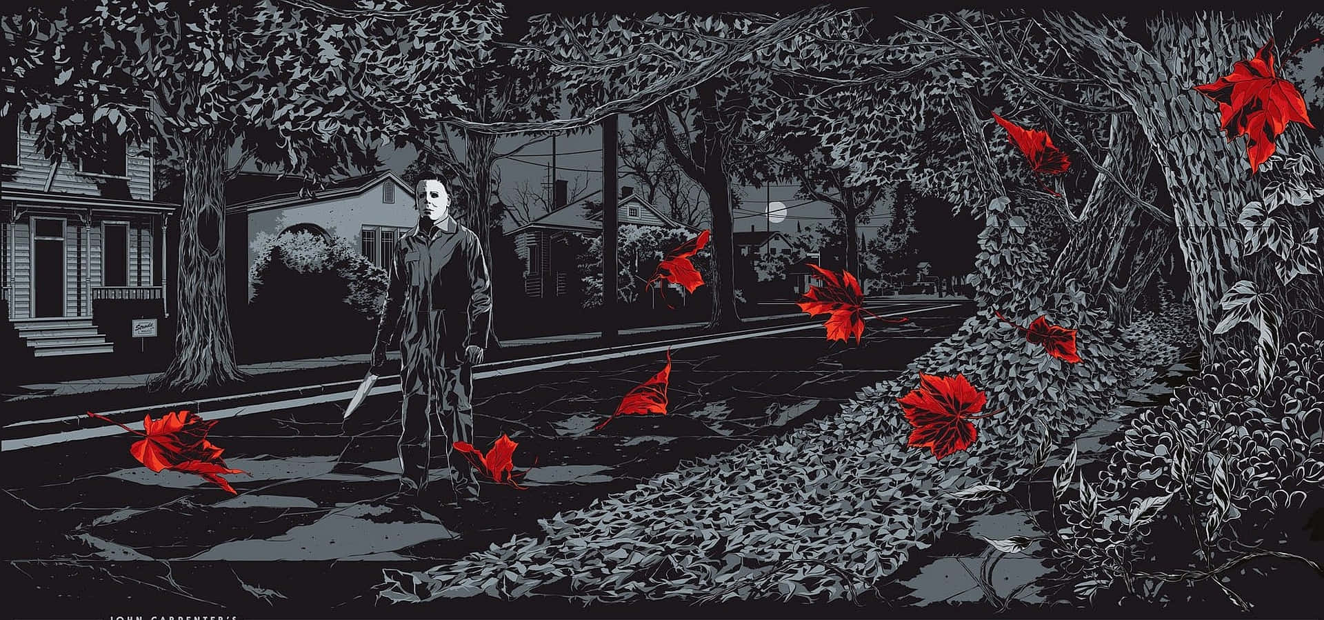 Halloween Michael Myers, suburban street, night, Full HD Desktop Wallpaper