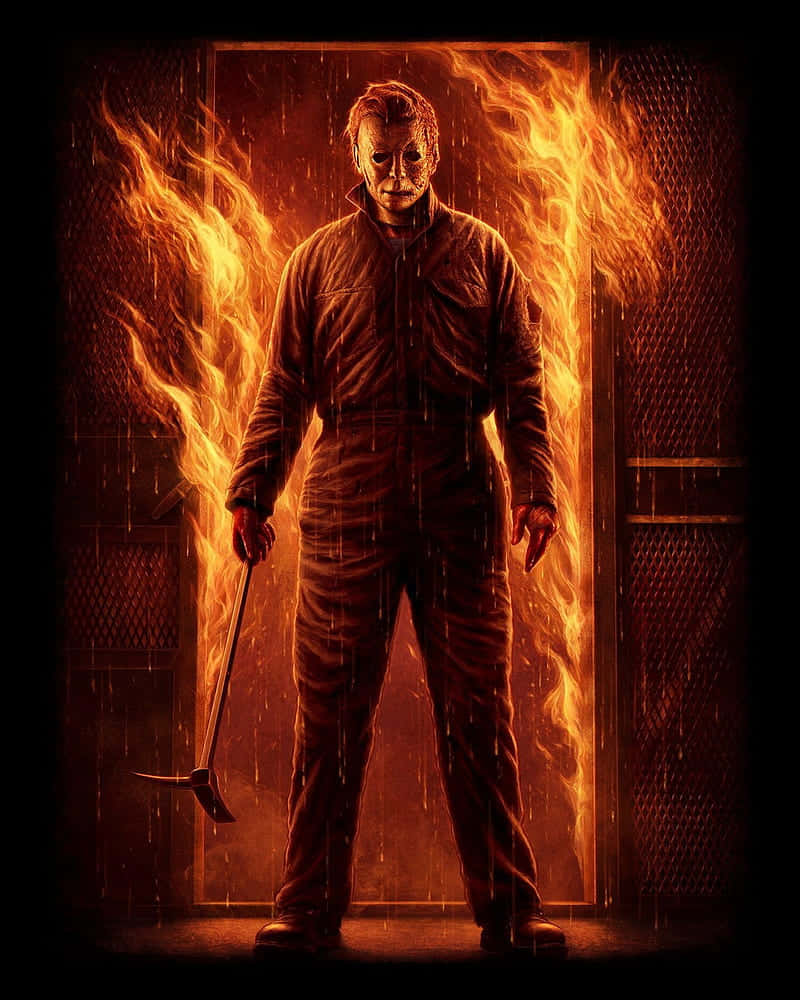 Halloween Michael Myers, flaming doorway, machete, SD Phone Wallpaper
