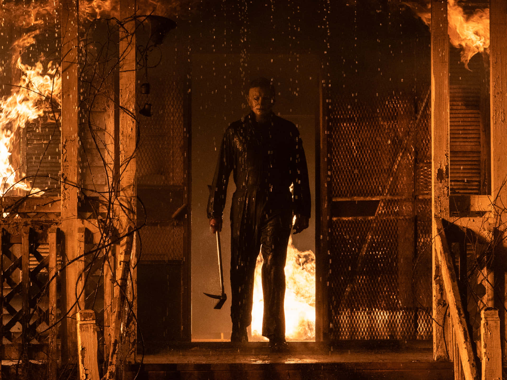Halloween Michael Myers, burning house, rain-slicked doorway, Full HD Desktop Wallpaper
