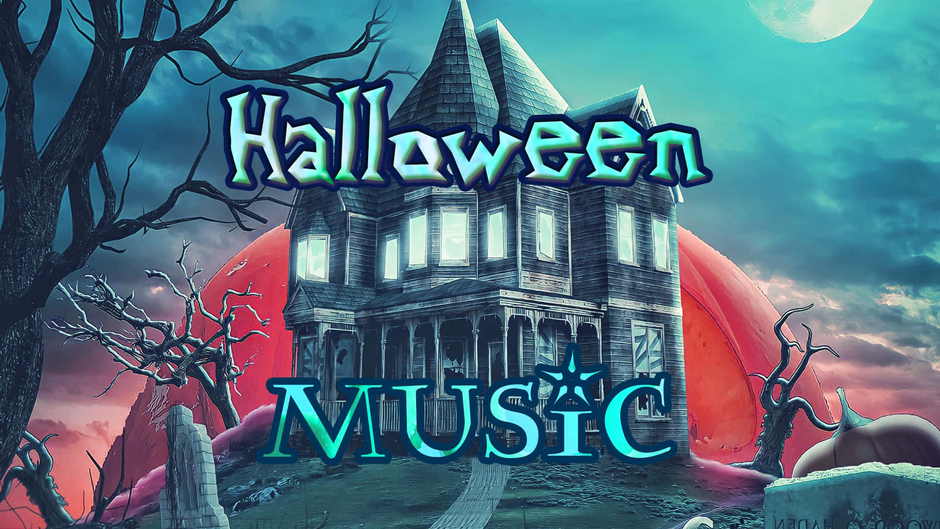 Halloween Music, haunted house, glowing windows, Full HD Desktop Wallpaper