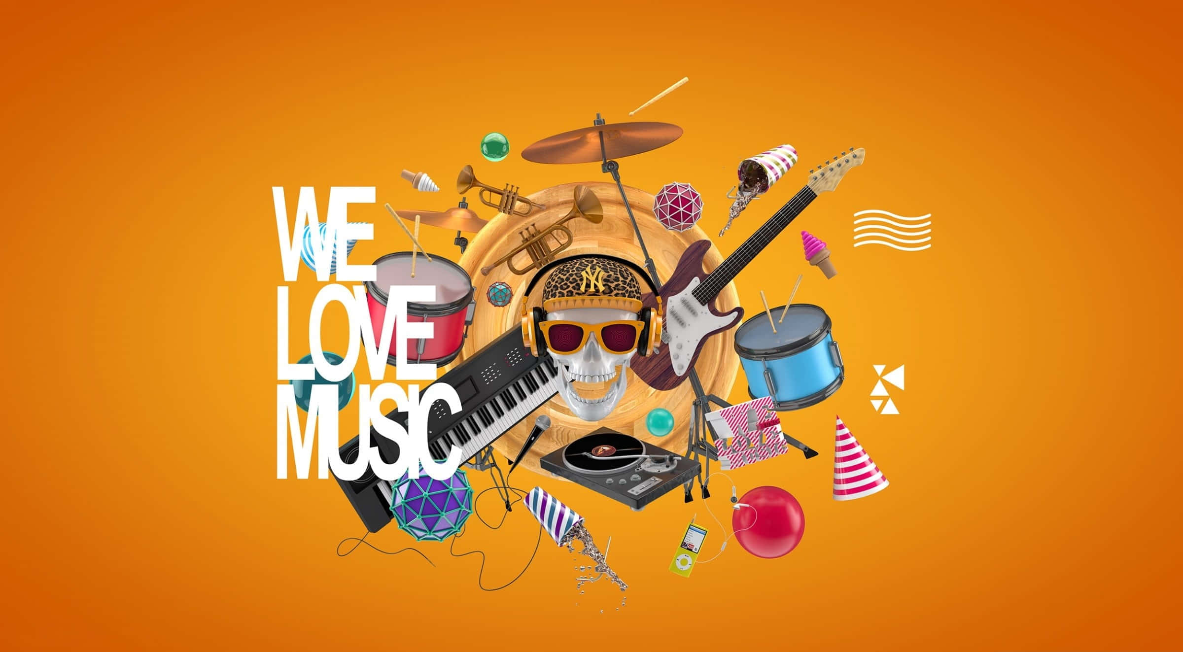Halloween Music, skull wearing sunglasses and headphones, vibrant orange background, Full HD Desktop Wallpaper