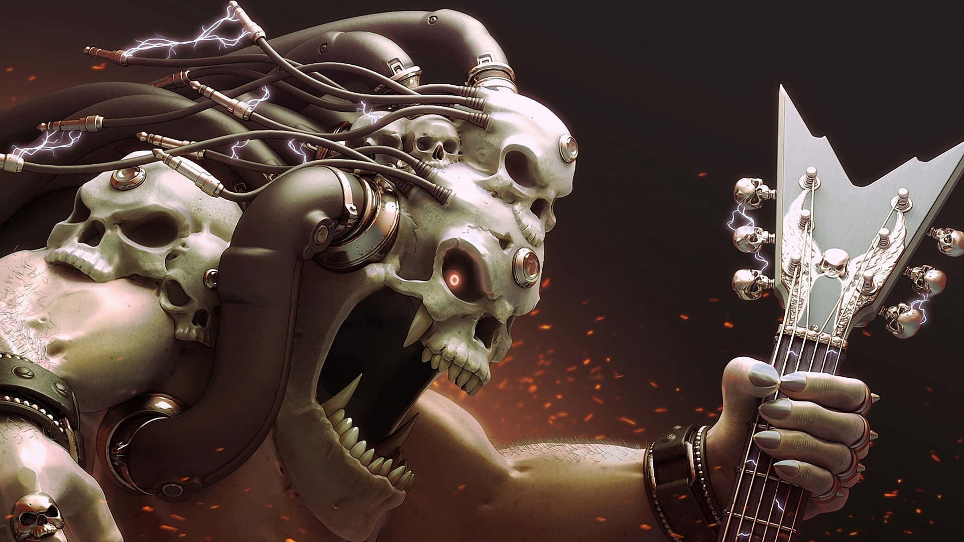 Halloween Music, cybernetic skull-headed guitarist, glowing eyes, Full HD Desktop Wallpaper
