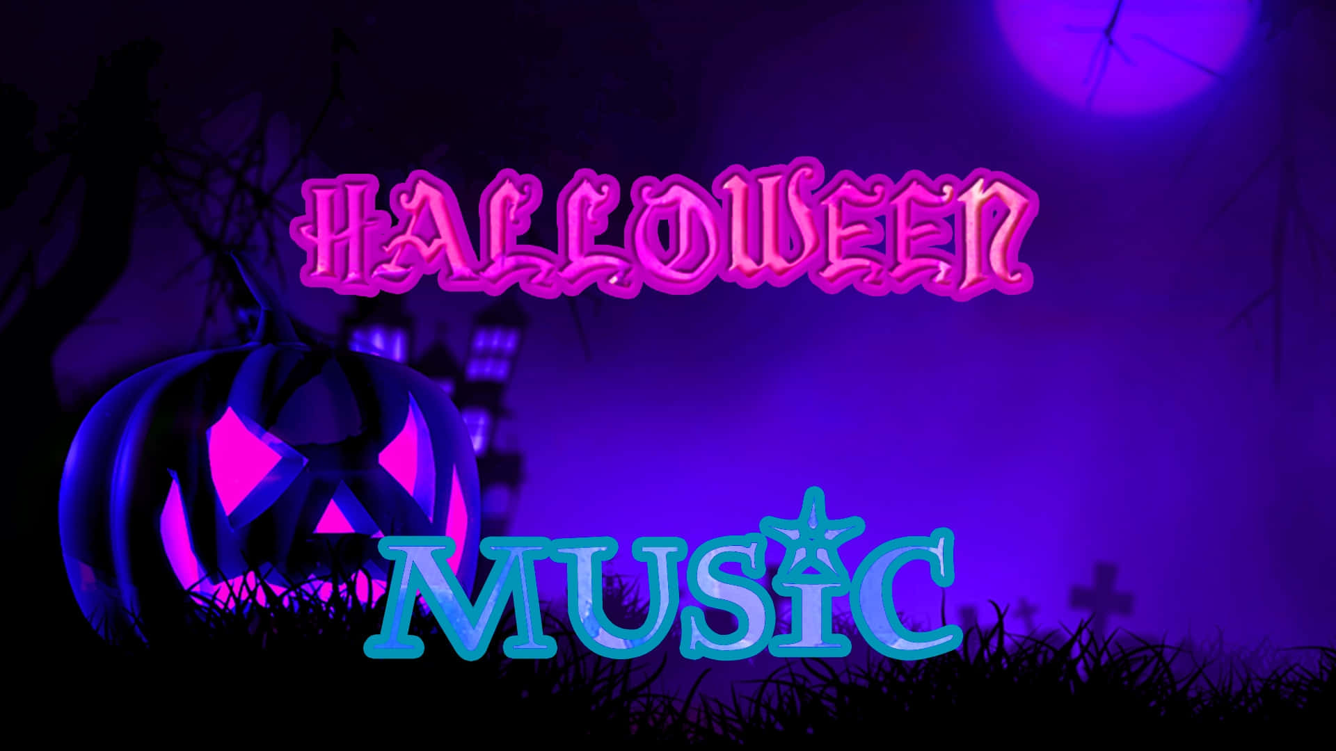 Halloween Music, glowing purple pumpkin, neon pink Halloween text, Full HD Desktop Wallpaper