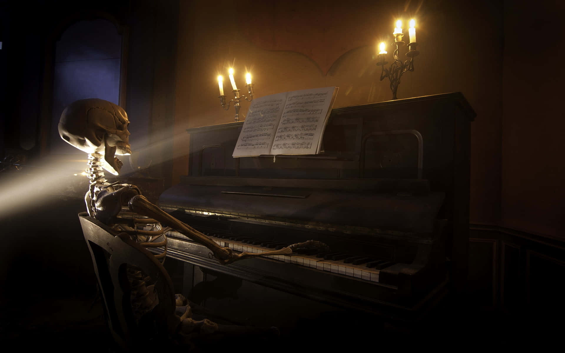 Halloween Music, skeleton, grand piano, Full HD Desktop Wallpaper