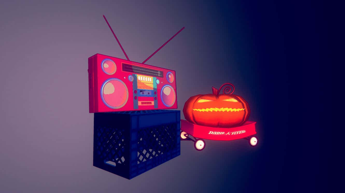 Halloween Music, glowing pink boombox, blue crate, HD Desktop Wallpaper
