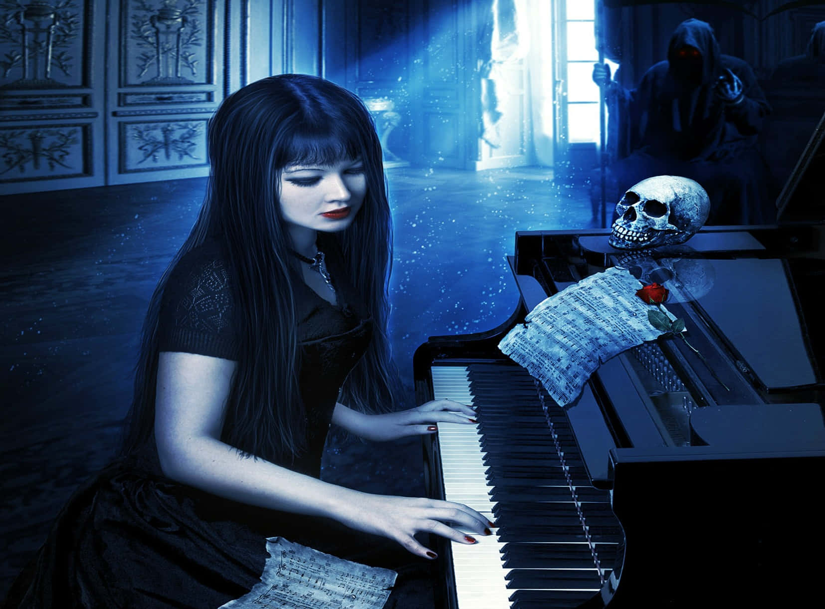 Halloween Music, gothic woman, long black hair, HD Desktop Wallpaper